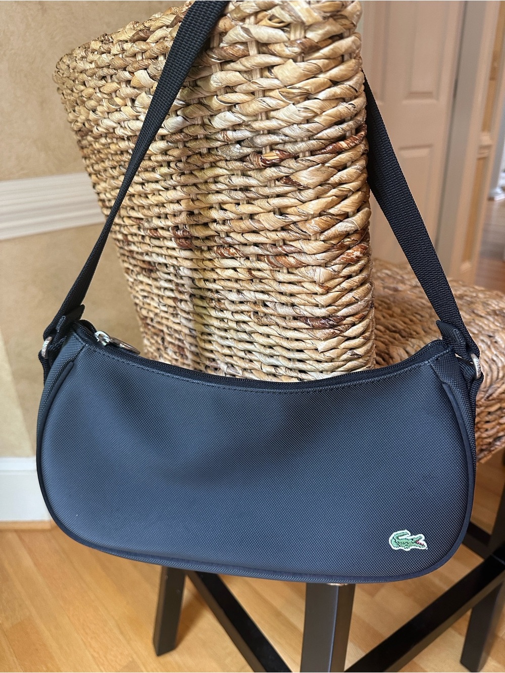 Lacoste Black Shoulder Bag with Green Croc Accent